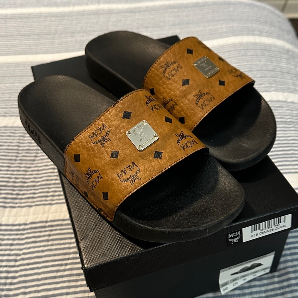 MCM Black and Tan Slide Sandals